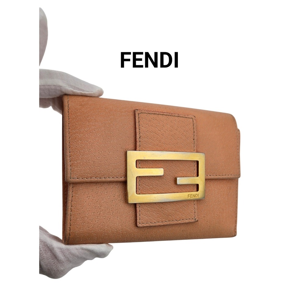 Fendi Peach Leather FF Logo Buckle Trifold Wallet Gold Hardware Compact
